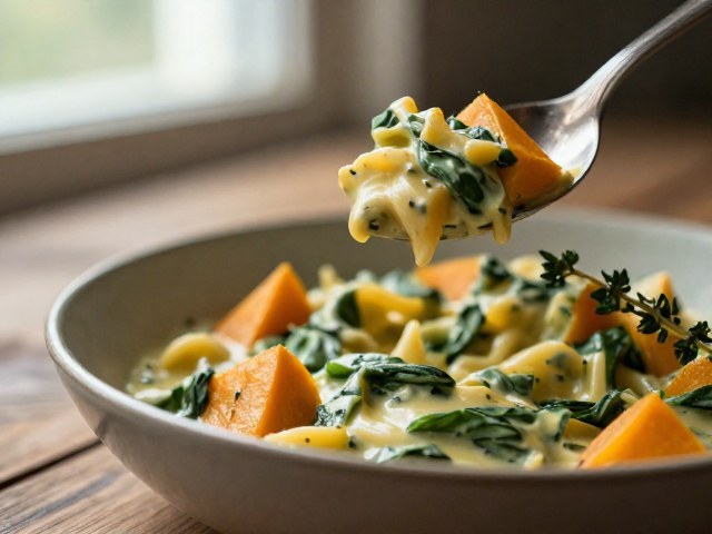 Pâtes Crémeuses aux Courge Butternut et Épinards Végétaliens