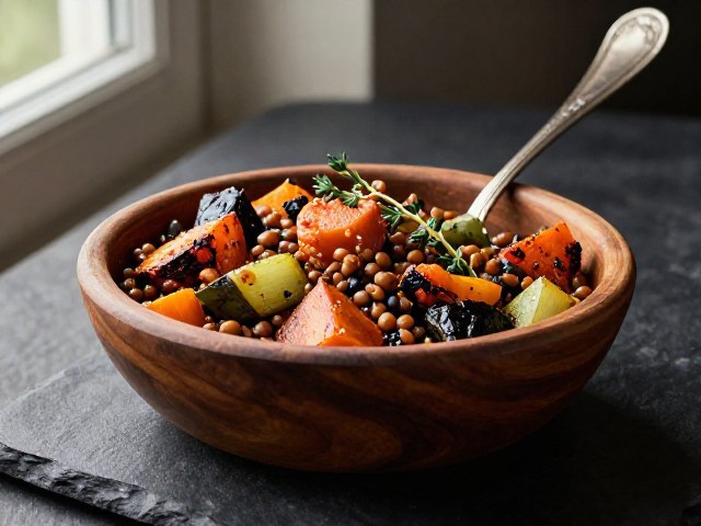 Grande Salade Indienne aux Lentilles et Légumes Rôtis