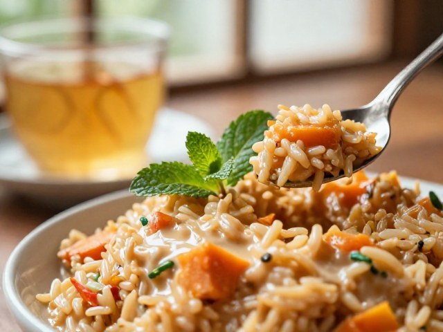 Riz Crémeux Doux aux Patates Douces et au Fromage, accompagné d'un Thé Tropical