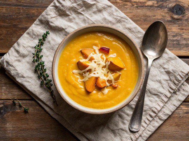 Velouté de Potiron et Pommes de Terre, avec Croustillant de Comté
