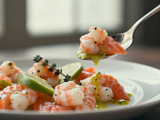 Carpaccio de Saumon Cuit et Crevettes au Citron Vert et Coriandre