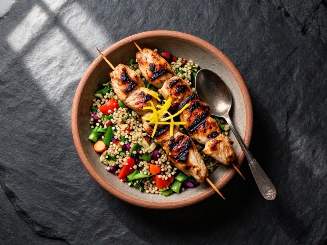 Brochettes de Poulet Marinées au Citron et Menthe avec Salade de Quinoa et Vinai