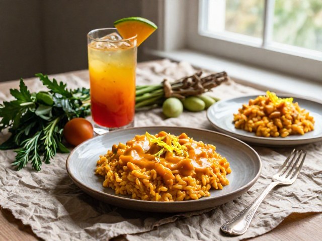 Riz Crémeux au Potimarron Rôti et au Comté, avec un Mocktail Tropical