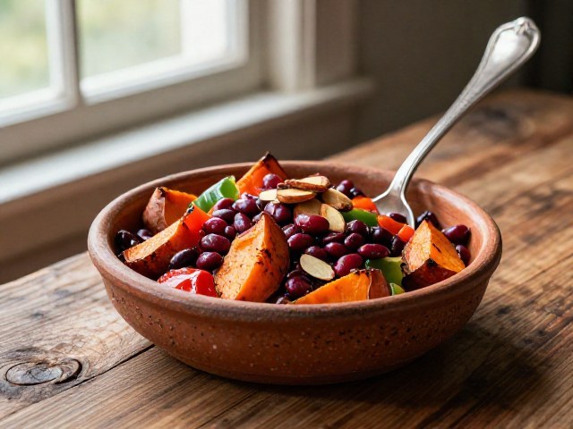 Salade de Patate Douce, Haricots Rouges et Poivron Rôti à la Vinaigrette d'Orang